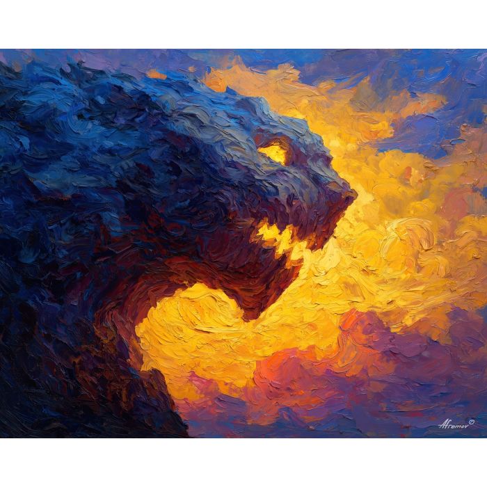 monster, palette knife, oil painting, impasto, textured strokes, vivid colors, expressive art, modern painting, bold composition, dramatic light, color contrast, atmospheric, visual storytelling, contemporary art, creative, illustrative