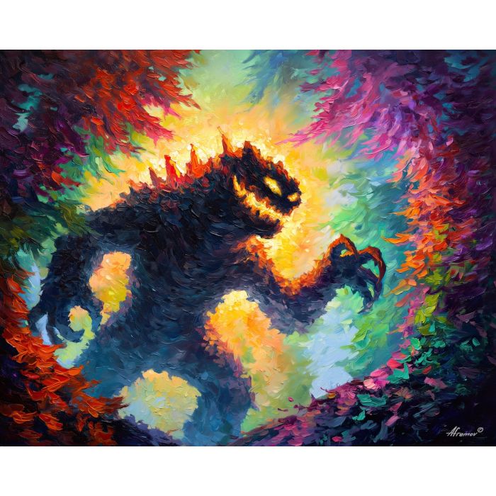 monster, palette knife, oil painting, impasto, textured strokes, vivid colors, expressive art, modern painting, bold composition, dramatic light, color contrast, atmospheric, visual storytelling, contemporary art, creative, illustrative