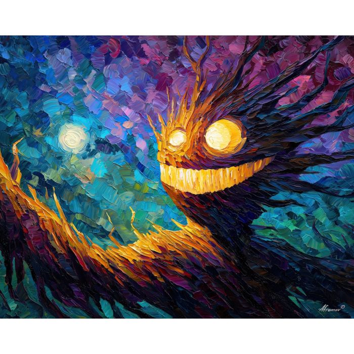 monster, palette knife, oil painting, impasto, textured strokes, vivid colors, expressive art, modern painting, bold composition, dramatic light, color contrast, atmospheric, visual storytelling, contemporary art, creative, illustrative