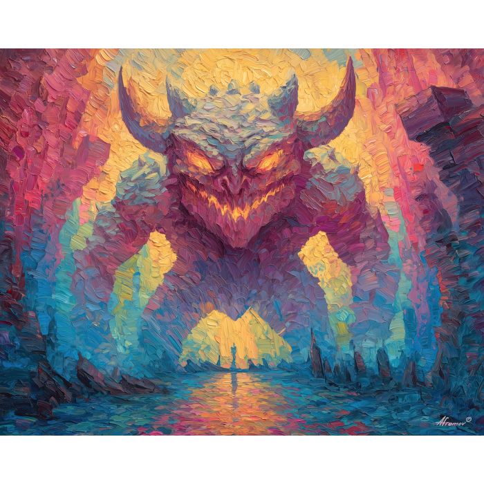 monster, palette knife, oil painting, impasto, textured strokes, vivid colors, expressive art, modern painting, bold composition, dramatic light, color contrast, atmospheric, visual storytelling, contemporary art, creative, illustrative