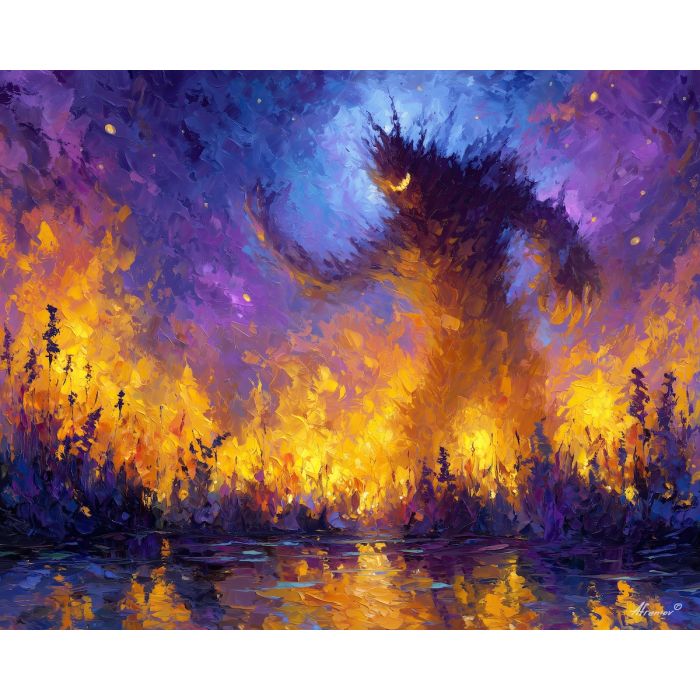 monster, palette knife, oil painting, impasto, textured strokes, vivid colors, expressive art, modern painting, bold composition, dramatic light, color contrast, atmospheric, visual storytelling, contemporary art, creative, illustrative