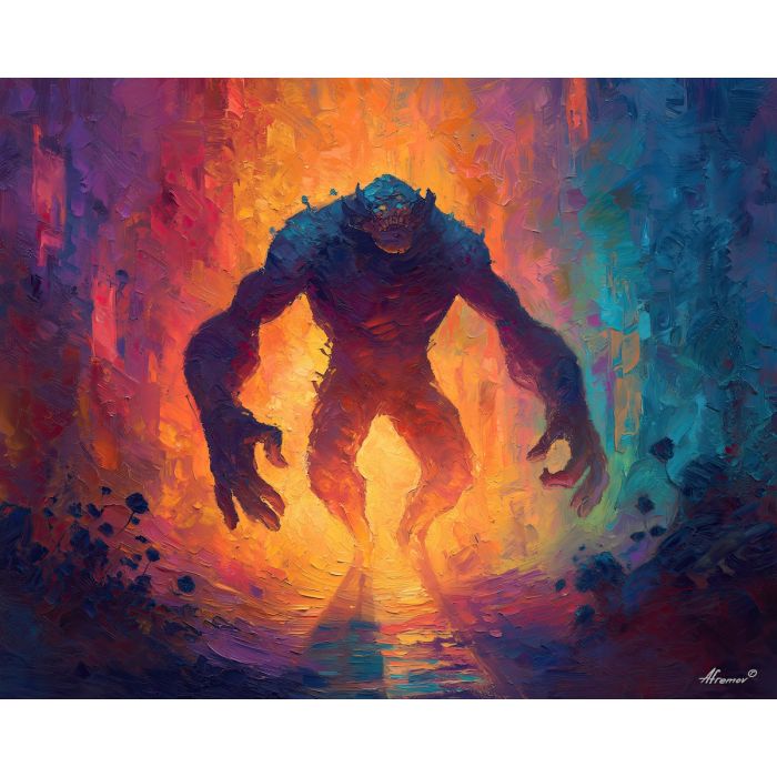 monster, palette knife, oil painting, impasto, textured strokes, vivid colors, expressive art, modern painting, bold composition, dramatic light, color contrast, atmospheric, visual storytelling, contemporary art, creative, illustrative