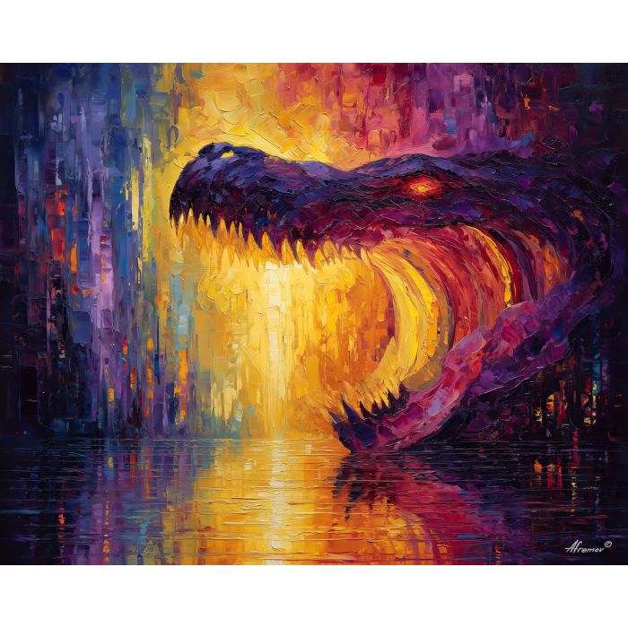monster, palette knife, oil painting, impasto, textured strokes, vivid colors, expressive art, modern painting, bold composition, dramatic light, color contrast, atmospheric, visual storytelling, contemporary art, creative, illustrative