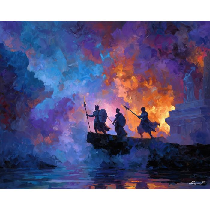 greek, mythology, palette knife, oil painting, impasto, textured strokes, vivid colors, expressive art, modern painting, bold composition, dramatic light, color contrast, atmospheric, visual storytelling, contemporary art, creative, illustrative