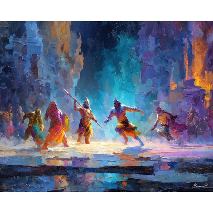 greek, mythology, palette knife, oil painting, impasto, textured strokes, vivid colors, expressive art, modern painting, bold composition, dramatic light, color contrast, atmospheric, visual storytelling, contemporary art, creative, illustrative