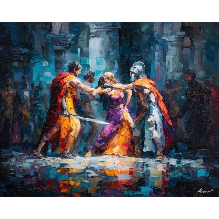 greek, mythology, palette knife, oil painting, impasto, textured strokes, vivid colors, expressive art, modern painting, bold composition, dramatic light, color contrast, atmospheric, visual storytelling, contemporary art, creative, illustrative