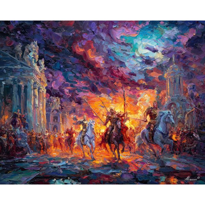 greek, mythology, palette knife, oil painting, impasto, textured strokes, vivid colors, expressive art, modern painting, bold composition, dramatic light, color contrast, atmospheric, visual storytelling, contemporary art, creative, illustrative