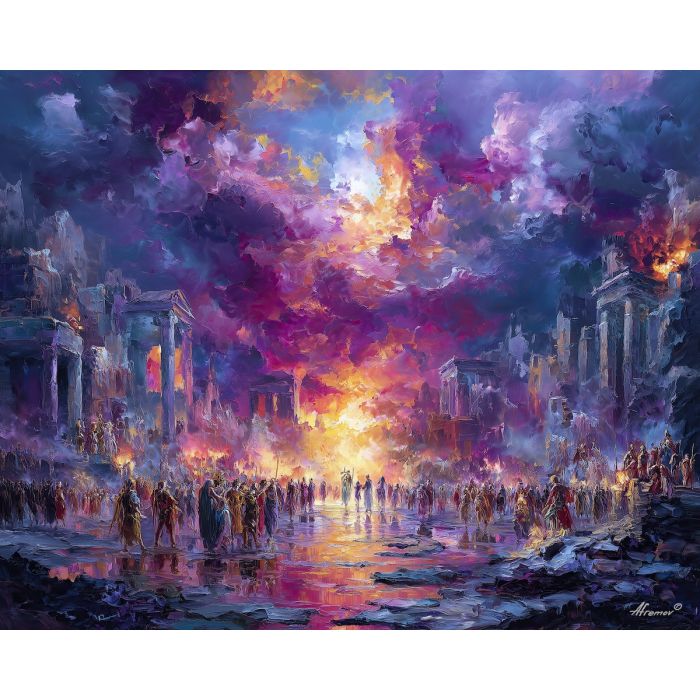 greek, mythology, palette knife, oil painting, impasto, textured strokes, vivid colors, expressive art, modern painting, bold composition, dramatic light, color contrast, atmospheric, visual storytelling, contemporary art, creative, illustrative