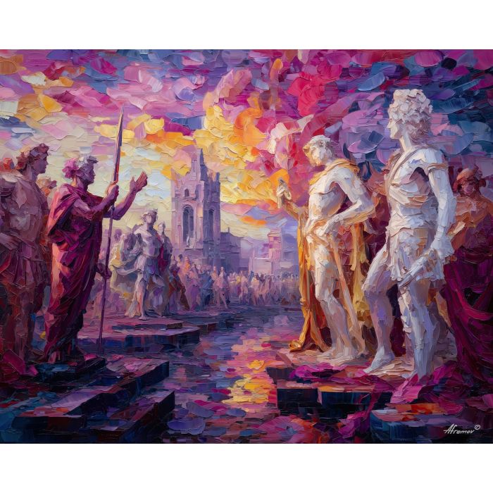 greek, mythology, palette knife, oil painting, impasto, textured strokes, vivid colors, expressive art, modern painting, bold composition, dramatic light, color contrast, atmospheric, visual storytelling, contemporary art, creative, illustrative