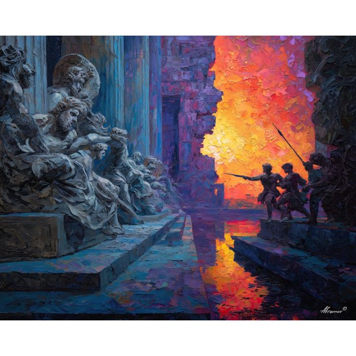 greek, mythology, palette knife, oil painting, impasto, textured strokes, vivid colors, expressive art, modern painting, bold composition, dramatic light, color contrast, atmospheric, visual storytelling, contemporary art, creative, illustrative