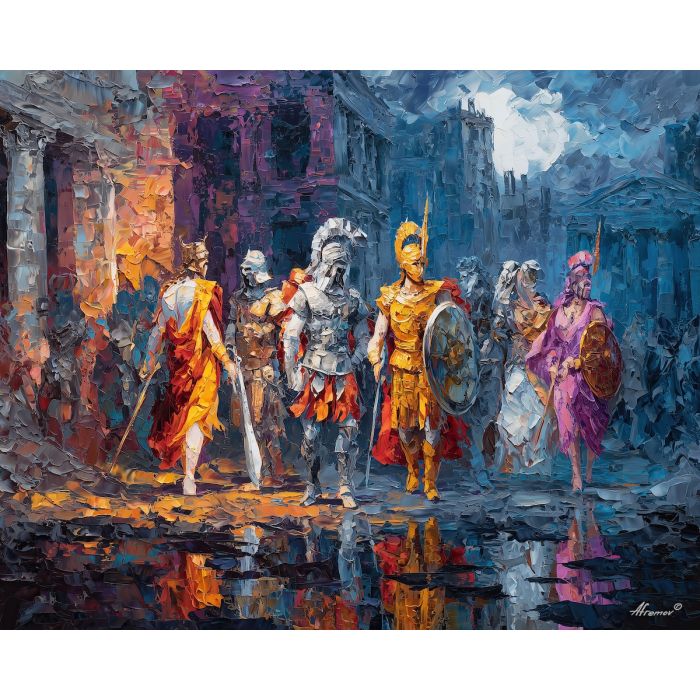 greek, mythology, palette knife, oil painting, impasto, textured strokes, vivid colors, expressive art, modern painting, bold composition, dramatic light, color contrast, atmospheric, visual storytelling, contemporary art, creative, illustrative