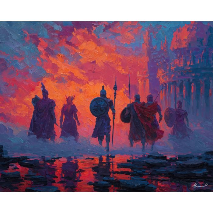 greek, mythology, palette knife, oil painting, impasto, textured strokes, vivid colors, expressive art, modern painting, bold composition, dramatic light, color contrast, atmospheric, visual storytelling, contemporary art, creative, illustrative