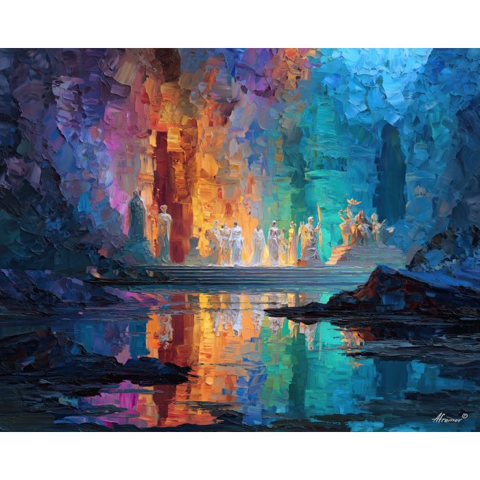 greek, mythology, palette knife, oil painting, impasto, textured strokes, vivid colors, expressive art, modern painting, bold composition, dramatic light, color contrast, atmospheric, visual storytelling, contemporary art, creative, illustrative