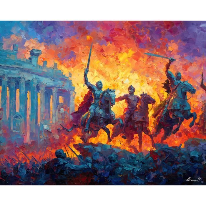 greek, mythology, palette knife, oil painting, impasto, textured strokes, vivid colors, expressive art, modern painting, bold composition, dramatic light, color contrast, atmospheric, visual storytelling, contemporary art, creative, illustrative