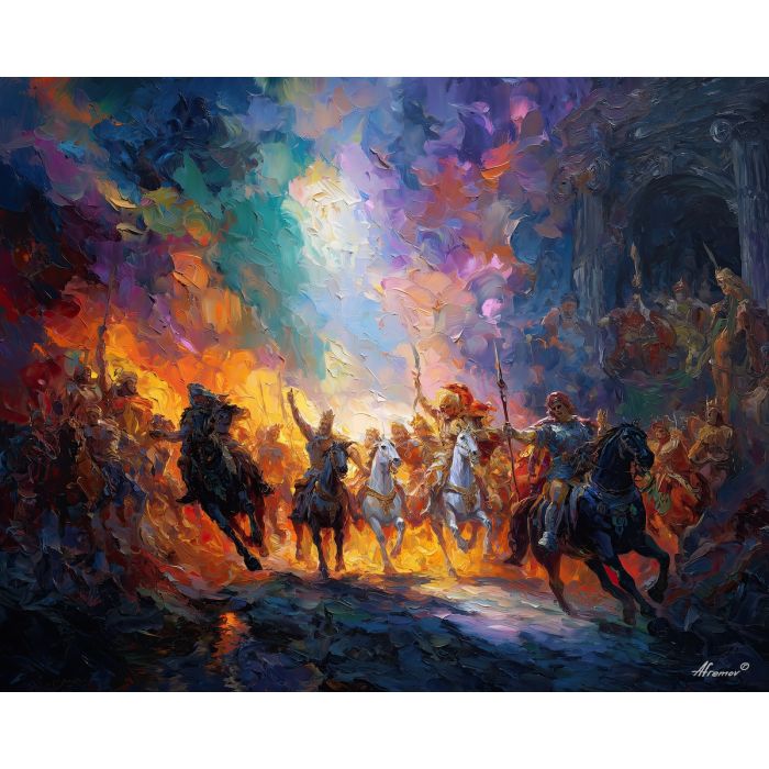 greek, mythology, palette knife, oil painting, impasto, textured strokes, vivid colors, expressive art, modern painting, bold composition, dramatic light, color contrast, atmospheric, visual storytelling, contemporary art, creative, illustrative