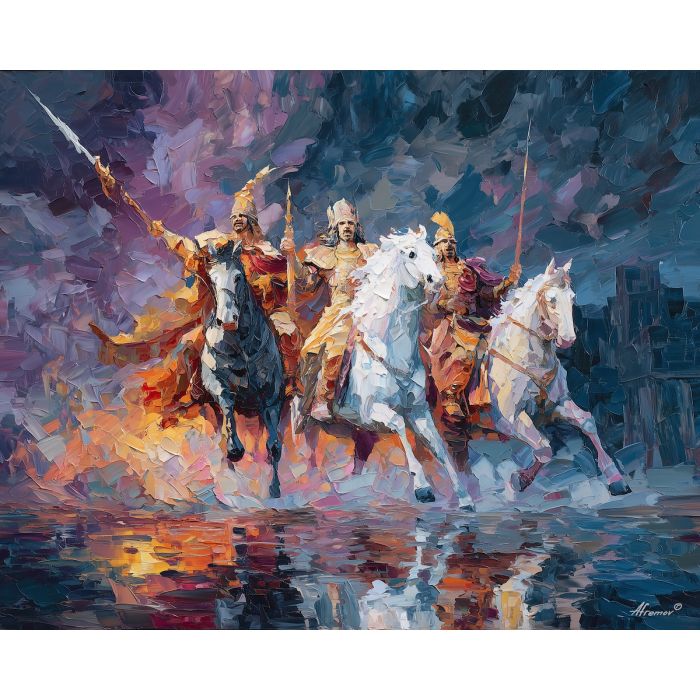 greek, mythology, palette knife, oil painting, impasto, textured strokes, vivid colors, expressive art, modern painting, bold composition, dramatic light, color contrast, atmospheric, visual storytelling, contemporary art, creative, illustrative