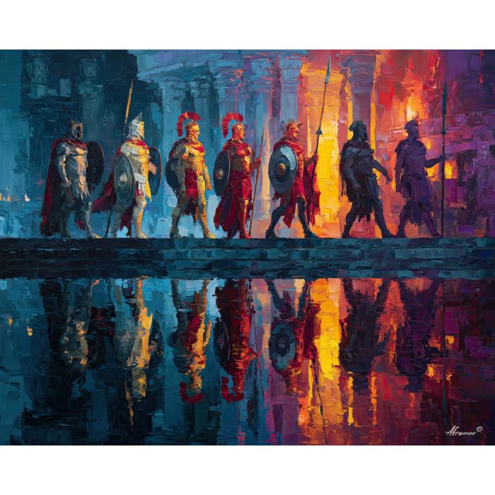 greek, mythology, palette knife, oil painting, impasto, textured strokes, vivid colors, expressive art, modern painting, bold composition, dramatic light, color contrast, atmospheric, visual storytelling, contemporary art, creative, illustrative