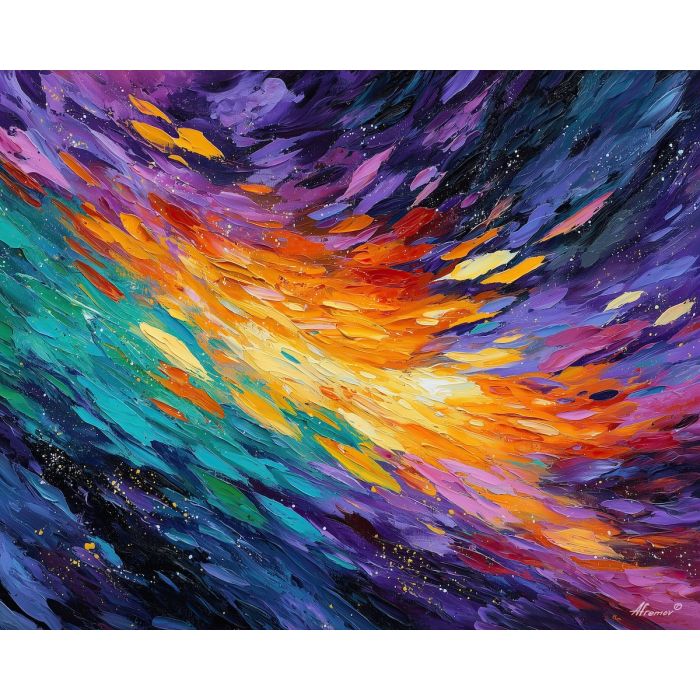 calligraphy, palette knife, oil painting, impasto, textured strokes, vivid colors, expressive art, modern painting, bold composition, dramatic light, color contrast, atmospheric, visual storytelling, contemporary art, creative, illustrative