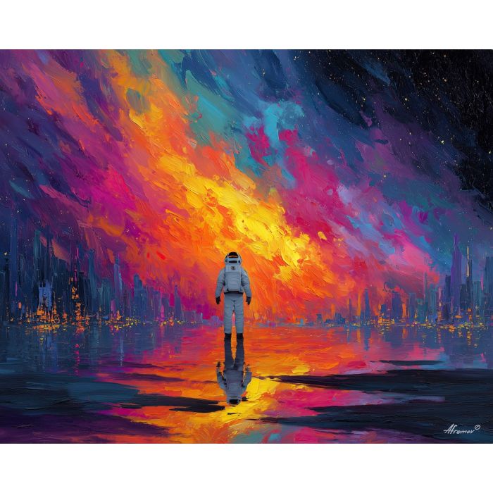 astronaut, palette knife, oil painting, impasto, textured strokes, vivid colors, expressive art, modern painting, bold composition, dramatic light, color contrast, atmospheric, visual storytelling, contemporary art, creative, illustrative