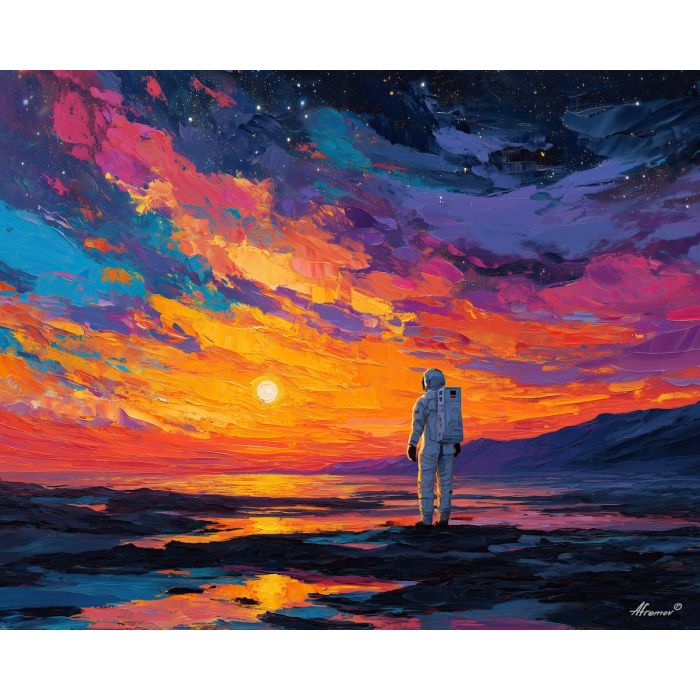 astronaut, palette knife, oil painting, impasto, textured strokes, vivid colors, expressive art, modern painting, bold composition, dramatic light, color contrast, atmospheric, visual storytelling, contemporary art, creative, illustrative