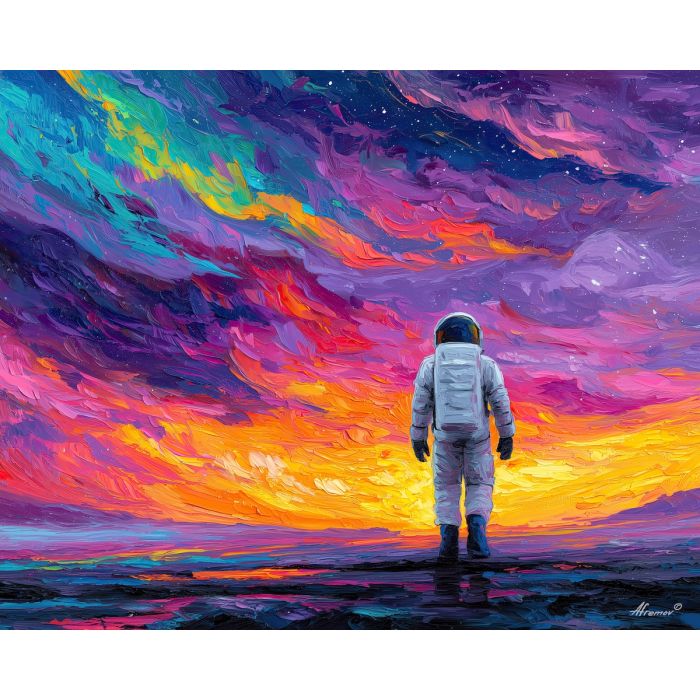 astronaut, palette knife, oil painting, impasto, textured strokes, vivid colors, expressive art, modern painting, bold composition, dramatic light, color contrast, atmospheric, visual storytelling, contemporary art, creative, illustrative