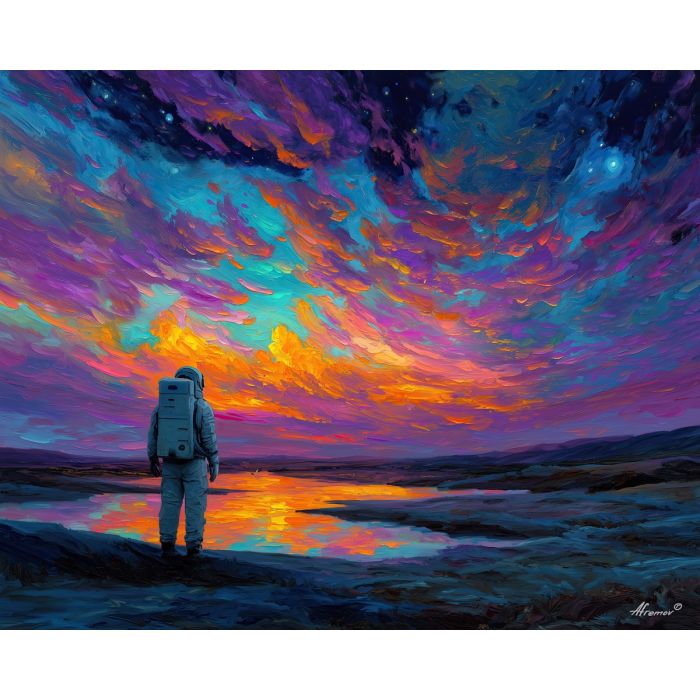 astronaut, palette knife, oil painting, impasto, textured strokes, vivid colors, expressive art, modern painting, bold composition, dramatic light, color contrast, atmospheric, visual storytelling, contemporary art, creative, illustrative