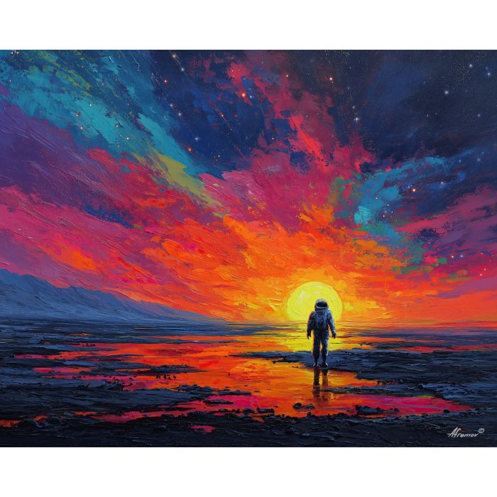 astronaut, palette knife, oil painting, impasto, textured strokes, vivid colors, expressive art, modern painting, bold composition, dramatic light, color contrast, atmospheric, visual storytelling, contemporary art, creative, illustrative