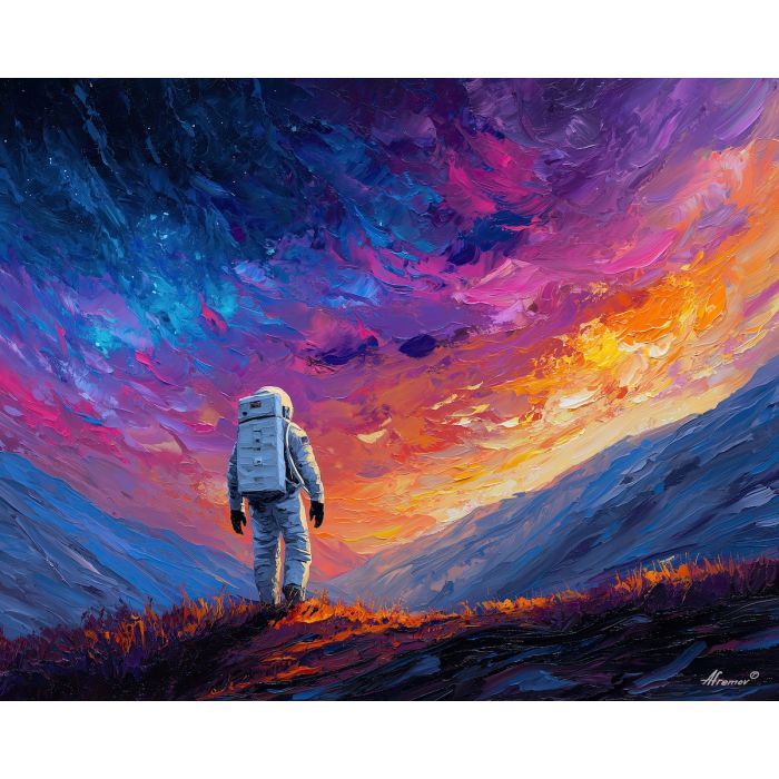 astronaut, palette knife, oil painting, impasto, textured strokes, vivid colors, expressive art, modern painting, bold composition, dramatic light, color contrast, atmospheric, visual storytelling, contemporary art, creative, illustrative