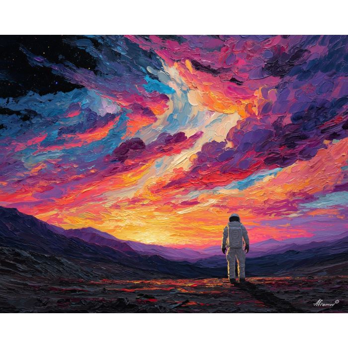 astronaut, palette knife, oil painting, impasto, textured strokes, vivid colors, expressive art, modern painting, bold composition, dramatic light, color contrast, atmospheric, visual storytelling, contemporary art, creative, illustrative