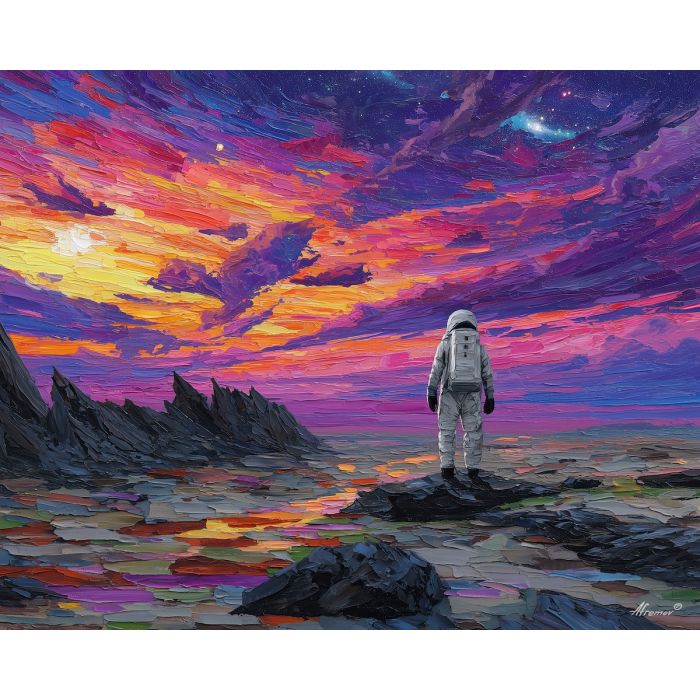 astronaut, palette knife, oil painting, impasto, textured strokes, vivid colors, expressive art, modern painting, bold composition, dramatic light, color contrast, atmospheric, visual storytelling, contemporary art, creative, illustrative