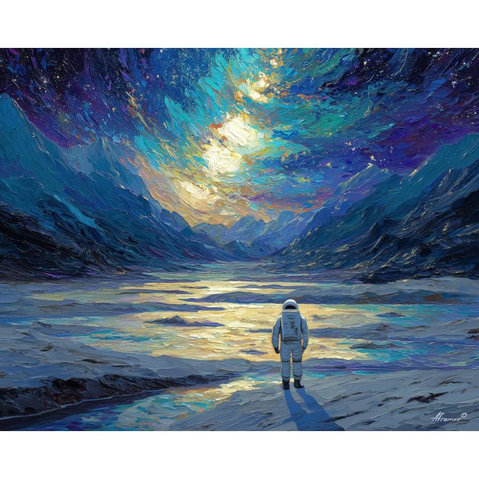 astronaut, palette knife, oil painting, impasto, textured strokes, vivid colors, expressive art, modern painting, bold composition, dramatic light, color contrast, atmospheric, visual storytelling, contemporary art, creative, illustrative