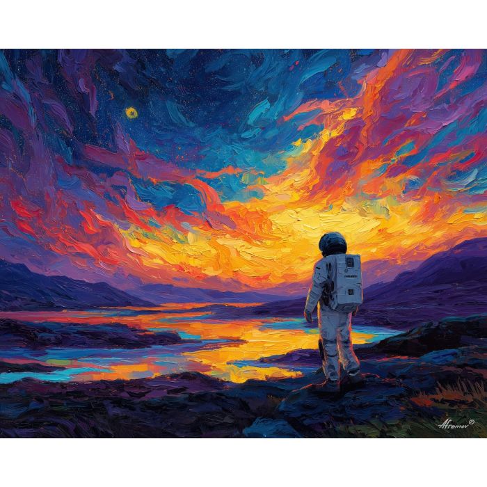 astronaut, palette knife, oil painting, impasto, textured strokes, vivid colors, expressive art, modern painting, bold composition, dramatic light, color contrast, atmospheric, visual storytelling, contemporary art, creative, illustrative