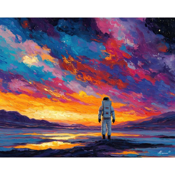 astronaut, palette knife, oil painting, impasto, textured strokes, vivid colors, expressive art, modern painting, bold composition, dramatic light, color contrast, atmospheric, visual storytelling, contemporary art, creative, illustrative