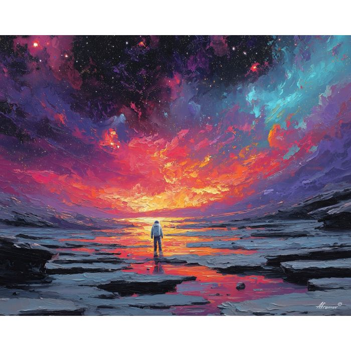 astronaut, palette knife, oil painting, impasto, textured strokes, vivid colors, expressive art, modern painting, bold composition, dramatic light, color contrast, atmospheric, visual storytelling, contemporary art, creative, illustrative