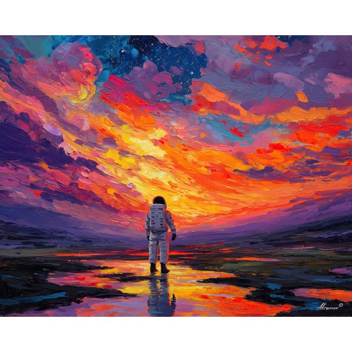 astronaut, palette knife, oil painting, impasto, textured strokes, vivid colors, expressive art, modern painting, bold composition, dramatic light, color contrast, atmospheric, visual storytelling, contemporary art, creative, illustrative