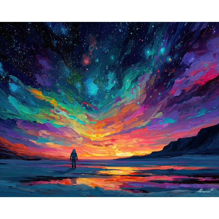 astronaut, palette knife, oil painting, impasto, textured strokes, vivid colors, expressive art, modern painting, bold composition, dramatic light, color contrast, atmospheric, visual storytelling, contemporary art, creative, illustrative