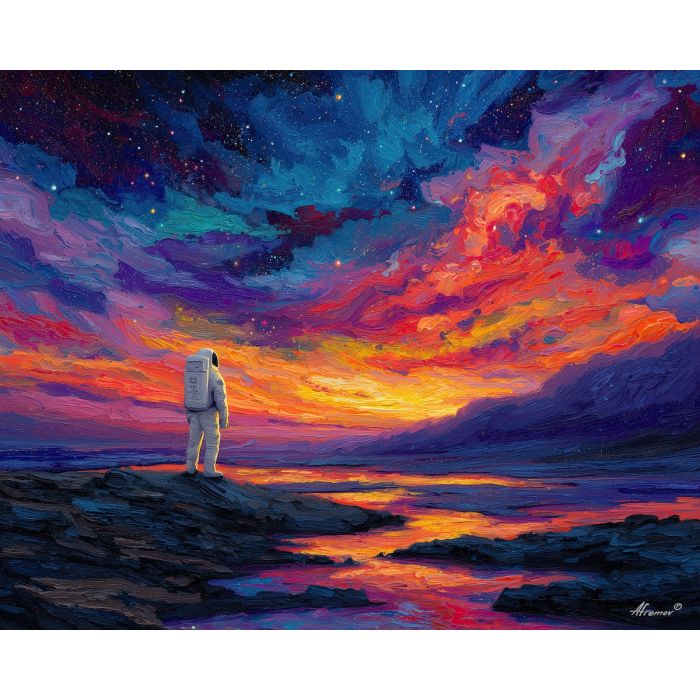 astronaut, palette knife, oil painting, impasto, textured strokes, vivid colors, expressive art, modern painting, bold composition, dramatic light, color contrast, atmospheric, visual storytelling, contemporary art, creative, illustrative