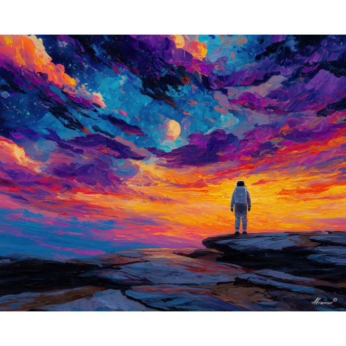astronaut, palette knife, oil painting, impasto, textured strokes, vivid colors, expressive art, modern painting, bold composition, dramatic light, color contrast, atmospheric, visual storytelling, contemporary art, creative, illustrative