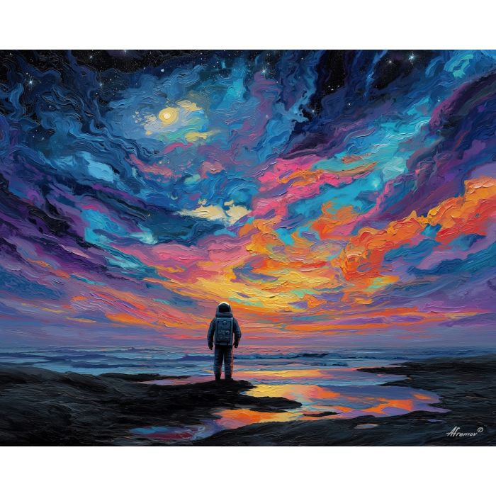 astronaut, palette knife, oil painting, impasto, textured strokes, vivid colors, expressive art, modern painting, bold composition, dramatic light, color contrast, atmospheric, visual storytelling, contemporary art, creative, illustrative