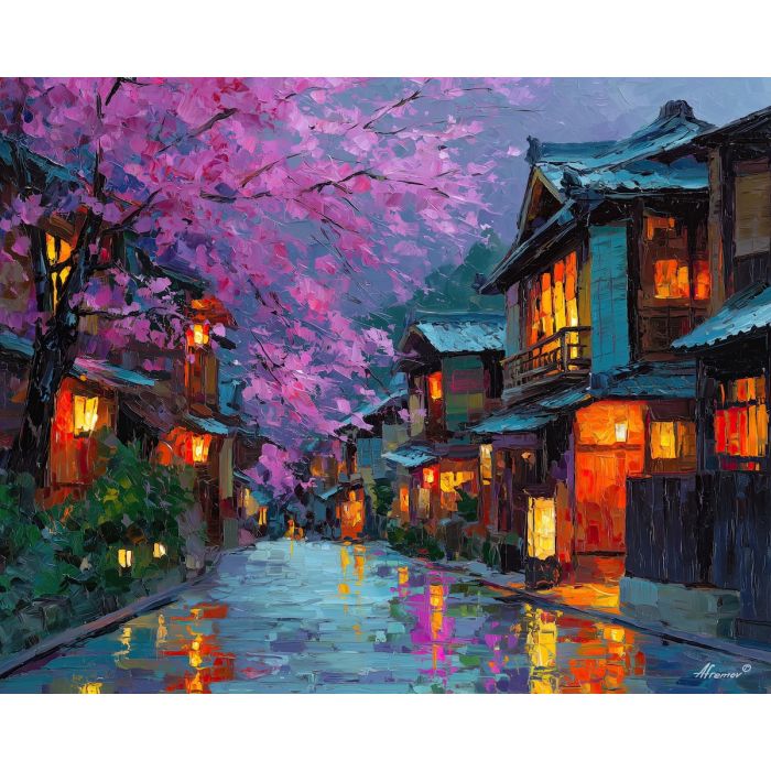 japan, palette knife, oil painting, impasto, textured strokes, vivid colors, expressive art, modern painting, bold composition, dramatic light, color contrast, atmospheric, visual storytelling, contemporary art, creative, illustrative