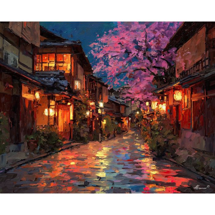 japan, palette knife, oil painting, impasto, textured strokes, vivid colors, expressive art, modern painting, bold composition, dramatic light, color contrast, atmospheric, visual storytelling, contemporary art, creative, illustrative