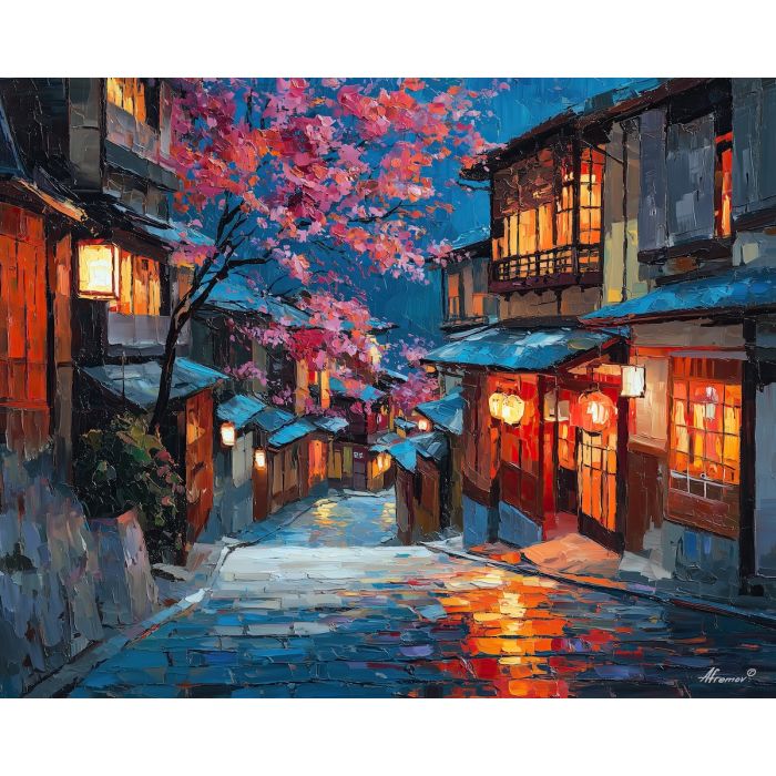 japan, palette knife, oil painting, impasto, textured strokes, vivid colors, expressive art, modern painting, bold composition, dramatic light, color contrast, atmospheric, visual storytelling, contemporary art, creative, illustrative