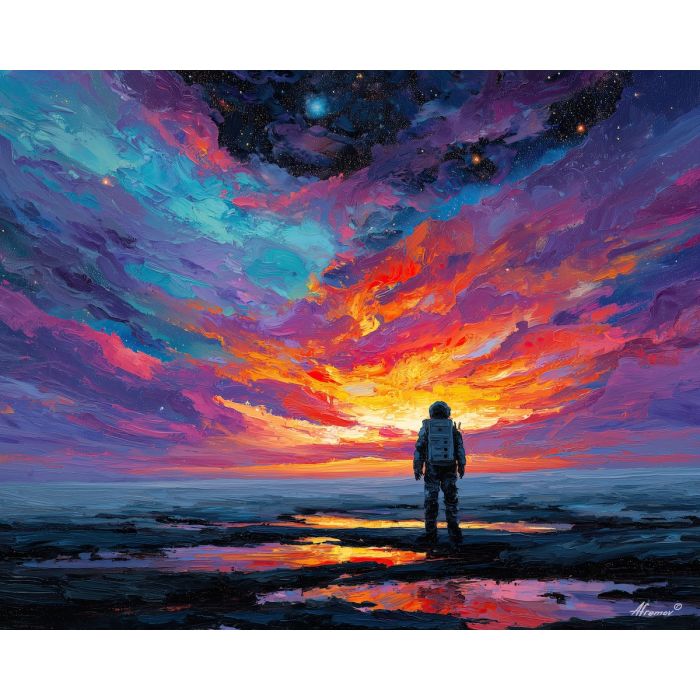 astronaut, palette knife, oil painting, impasto, textured strokes, vivid colors, expressive art, modern painting, bold composition, dramatic light, color contrast, atmospheric, visual storytelling, contemporary art, creative, illustrative