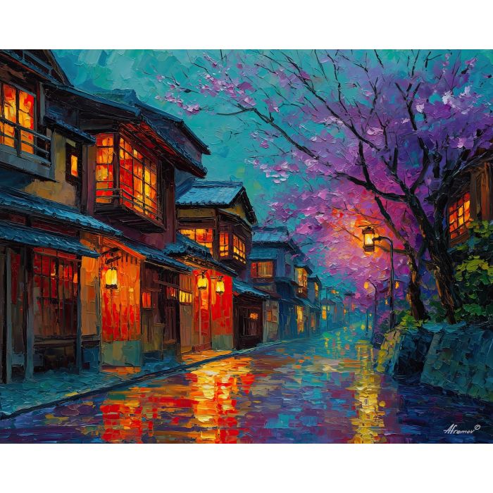 japan, palette knife, oil painting, impasto, textured strokes, vivid colors, expressive art, modern painting, bold composition, dramatic light, color contrast, atmospheric, visual storytelling, contemporary art, creative, illustrative