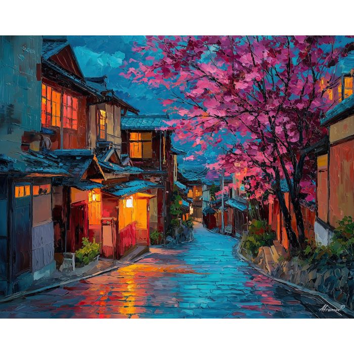 japan, palette knife, oil painting, impasto, textured strokes, vivid colors, expressive art, modern painting, bold composition, dramatic light, color contrast, atmospheric, visual storytelling, contemporary art, creative, illustrative