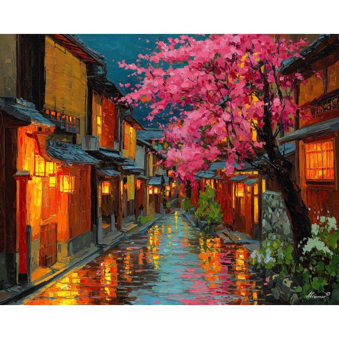japan, palette knife, oil painting, impasto, textured strokes, vivid colors, expressive art, modern painting, bold composition, dramatic light, color contrast, atmospheric, visual storytelling, contemporary art, creative, illustrative