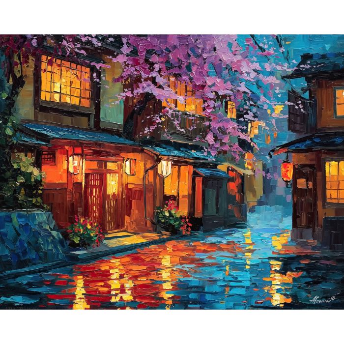 japan, palette knife, oil painting, impasto, textured strokes, vivid colors, expressive art, modern painting, bold composition, dramatic light, color contrast, atmospheric, visual storytelling, contemporary art, creative, illustrative