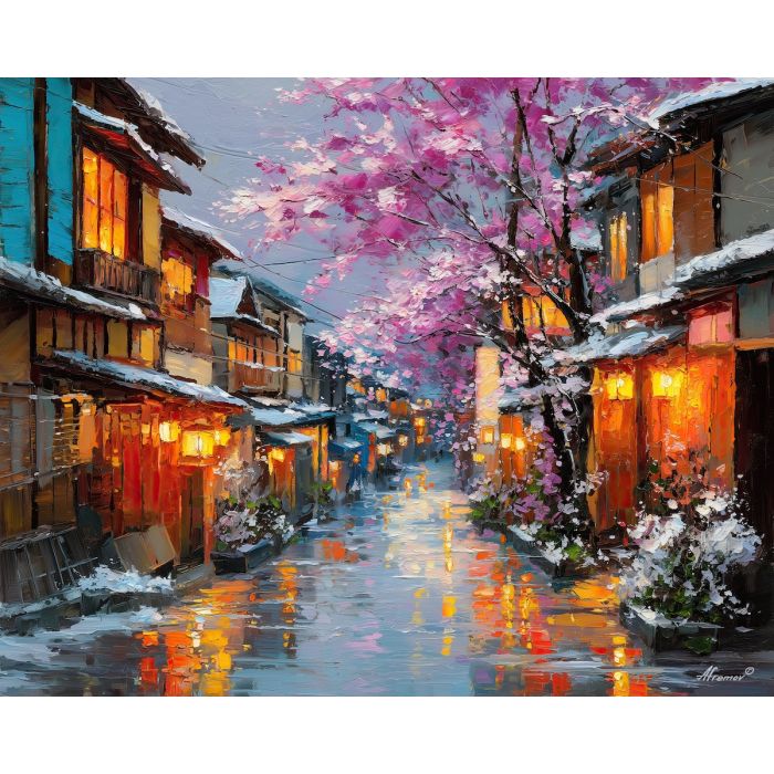 japan, palette knife, oil painting, impasto, textured strokes, vivid colors, expressive art, modern painting, bold composition, dramatic light, color contrast, atmospheric, visual storytelling, contemporary art, creative, illustrative