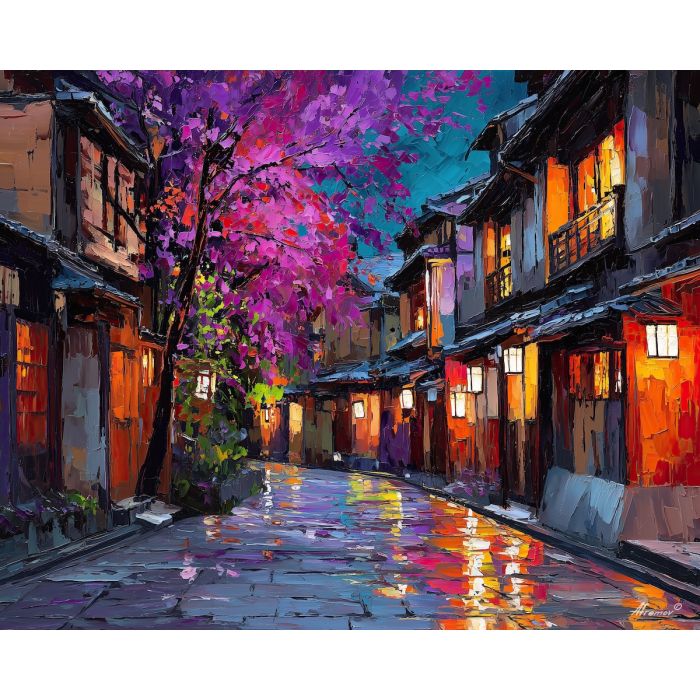 japan, palette knife, oil painting, impasto, textured strokes, vivid colors, expressive art, modern painting, bold composition, dramatic light, color contrast, atmospheric, visual storytelling, contemporary art, creative, illustrative