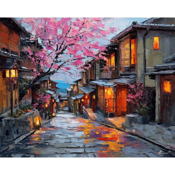 japan, palette knife, oil painting, impasto, textured strokes, vivid colors, expressive art, modern painting, bold composition, dramatic light, color contrast, atmospheric, visual storytelling, contemporary art, creative, illustrative